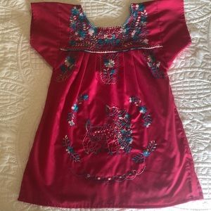 Authentic Mexican Embroidery Hot Pink Girls Dress